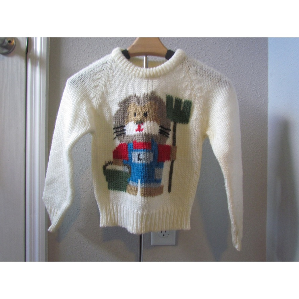 Grand Knitwear Sweater L 6X White Vintage Lion Farmer Intarsia Knit Pullover